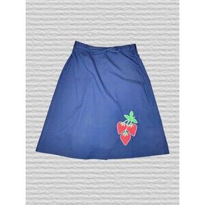 Vtg True Wrap Strawberry Embroidered Midi Skirt LG-11/12 Blue Canvas Handmade